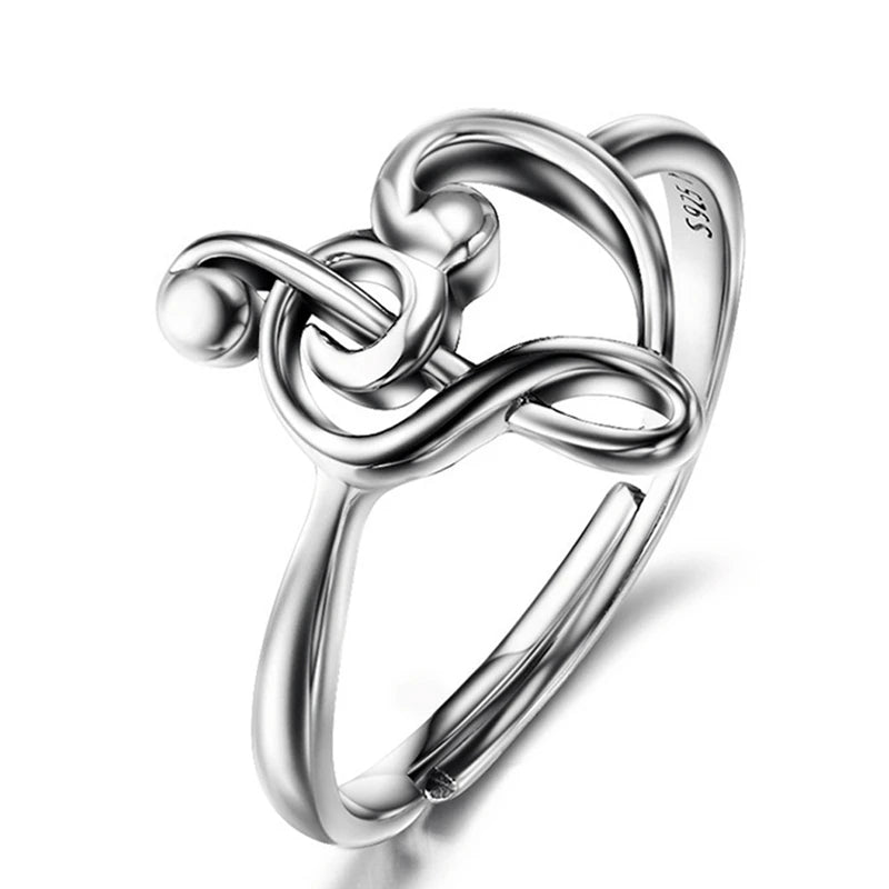 Moonmory 925 Sterling Silver Music Note Heart Adjustable Rings Treble Clef Jewelry Heart Charm Music Ring Gift For Women Female