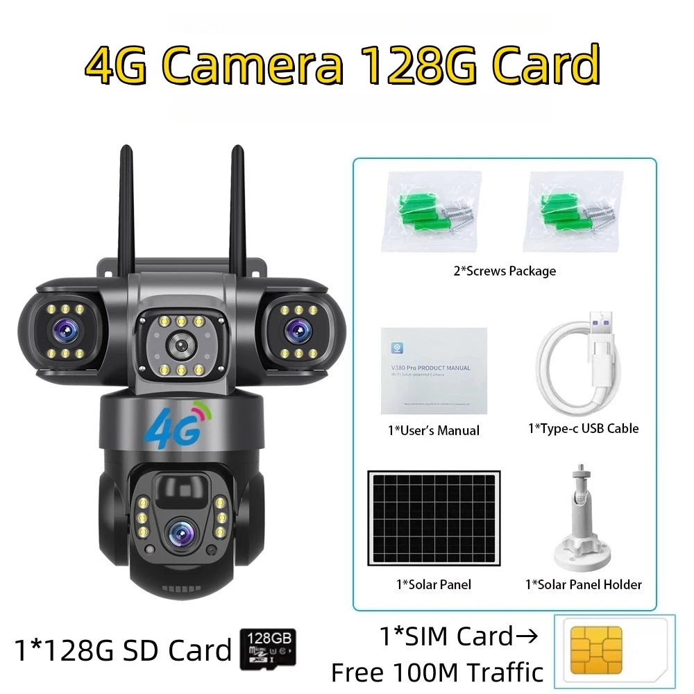 Solar Camera With 4G SIM 15MP HD Outdoor 3 Lens 3 Screen 10X Zoom PIR Human Detect Cameras Night Vision CCTV Security Protection