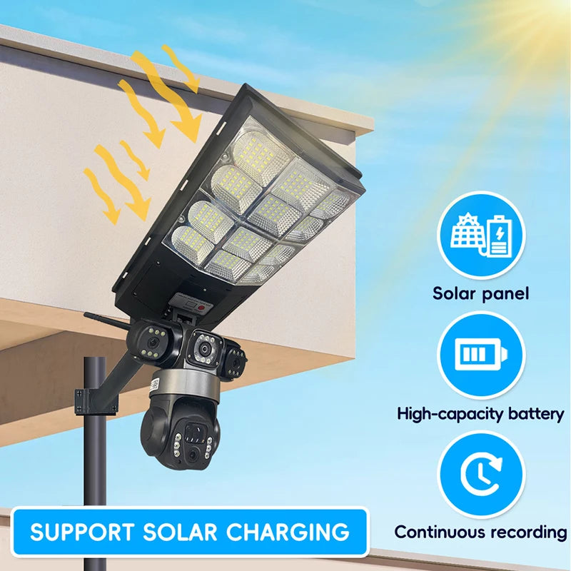 4G Solar Camera V380 Pro 3 Lens LED Street Lamp CCTV AI Human Detection Surveillance Waterproof Outdoor Monitor Built-in Battery