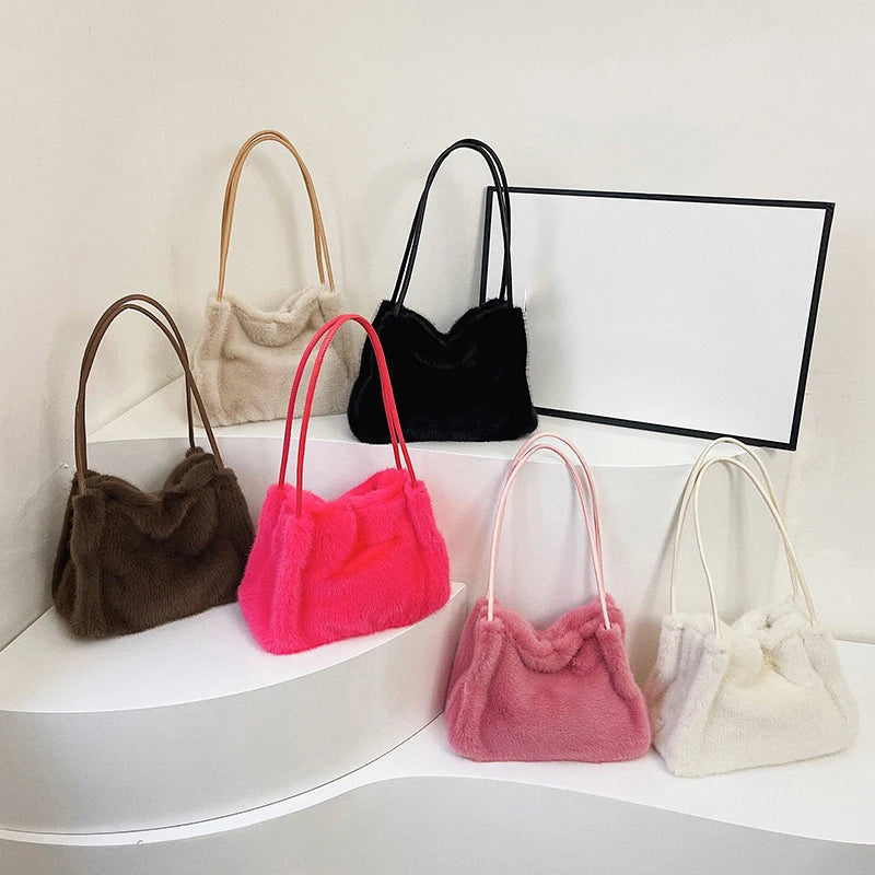Plush Large-capacity Bag Women's Autumn and Winter New Simple Shoulder Underarm Bag Fashionable Fluff Bucket Handbag