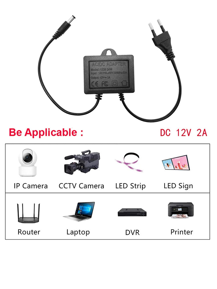 Power Adapter DC12V 2A EU Plug Outdoor Waterproof For CCTV Security Surveillance Camera Charger NVR DVR Router Input AC110V-240V