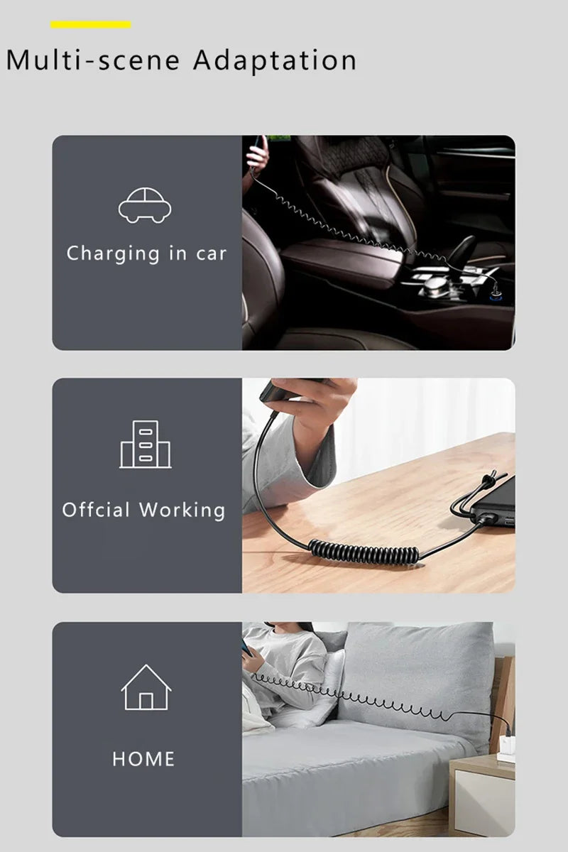 Spring Telescopic Cable For iPhone 15 14 Samsung Xiaomi OnePlusCar USB Type C 66W & LIGHTNING PD Fast Charging Type C to Type C