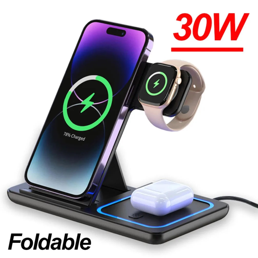 3 in 1 30W Foldable Wireless Charging Station for iPhone 16 15 14 13 12 Pro Max iWatch Ultra Airpods Pro Fast Charger Stand Dock