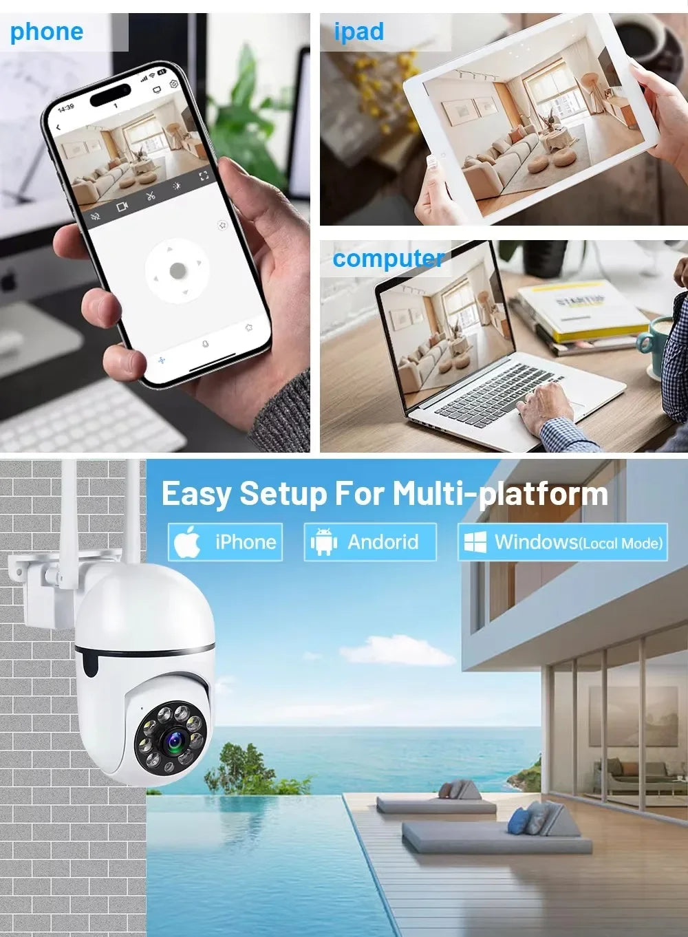 3MP Wifi IP Wireless Security Surveillance PTZ Camera 8X Zoom Cameras Tracking Two-way Audio HD Night Color Cam