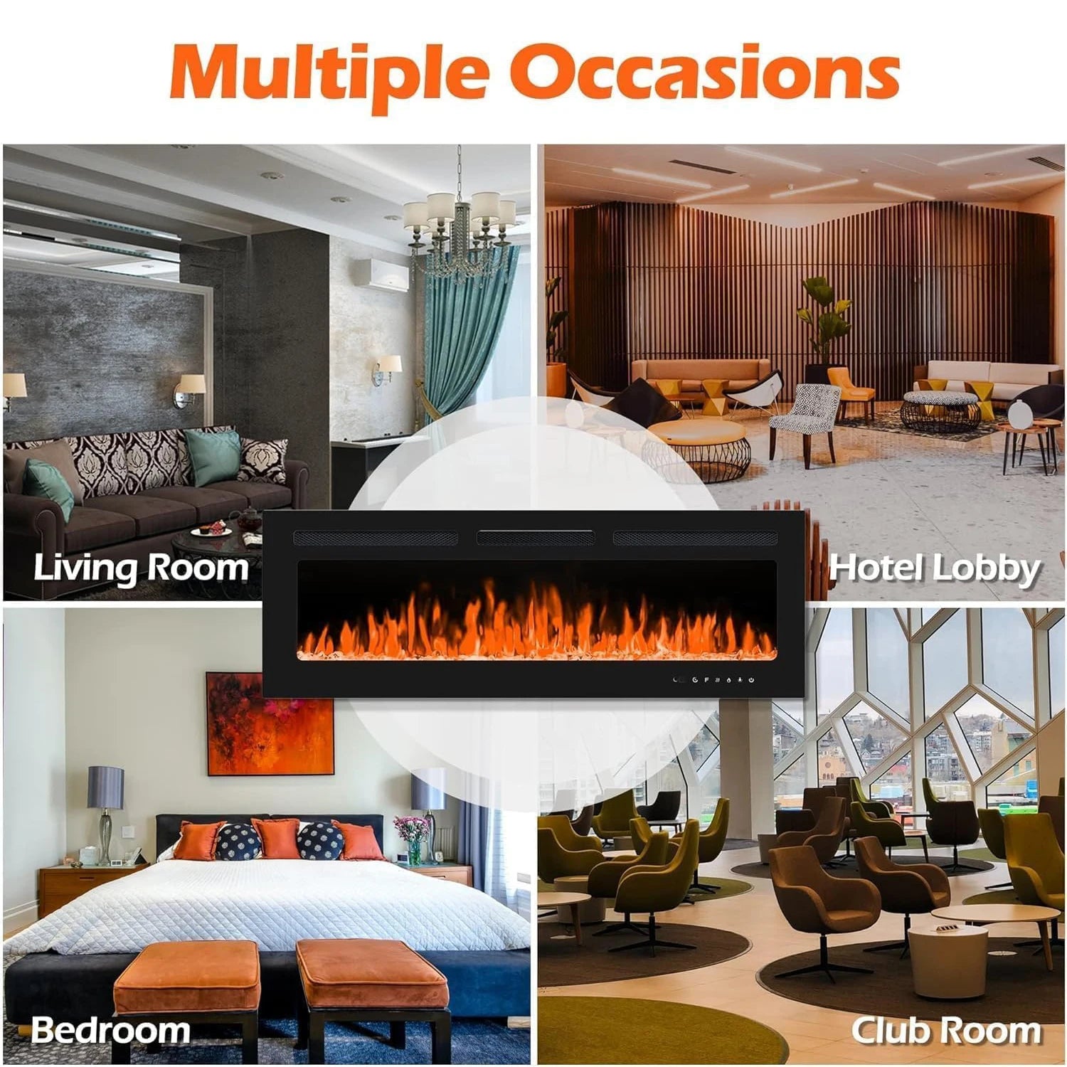 40/50/60inch Wall-Mounted Electric Fireplace, 220V 1500W, Two Levels Of Heating, 3D 12LED Color Modes and Realistic Flame Effect