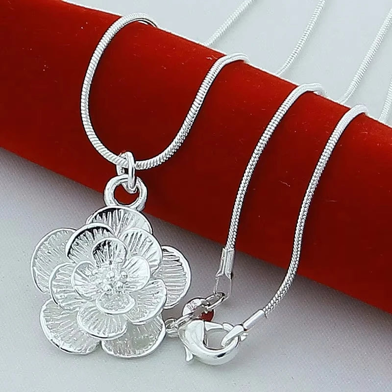 925 Sterling Silver Rose Flower Pendant Necklace 16/18/20/22/24/26/28/30 Inch Snake Chain For Women Wedding Engagement Jewelry