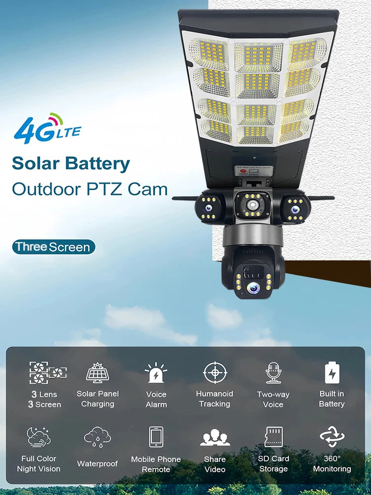 4G Solar Camera V380 Pro 3 Lens LED Street Lamp CCTV AI Human Detection Surveillance Waterproof Outdoor Monitor Built-in Battery