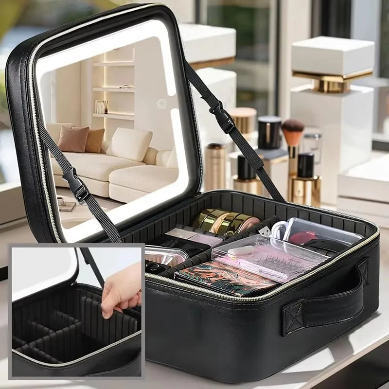 Makeup Organizer Case With Mirror Light 3 Adjustable Brightness Travel Train Cosmetic Toolbox Tattoo Tool Women Makeup Bag Case