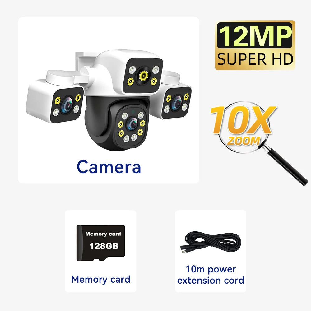 12MP 10X Zoom Outdoor WiFi Camera Three Screen Three Lens PTZ Automatic Tracking Audible Visual Alarm Security Camera