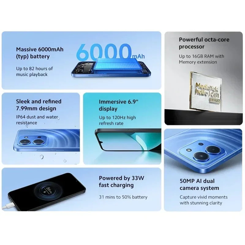 Global Version Xiaomi Redmi 15C MediaTek Helio G81-Ultra 50MP Main Camera 120Hz 6.9" Display 33W Charging 6000mAh Battery