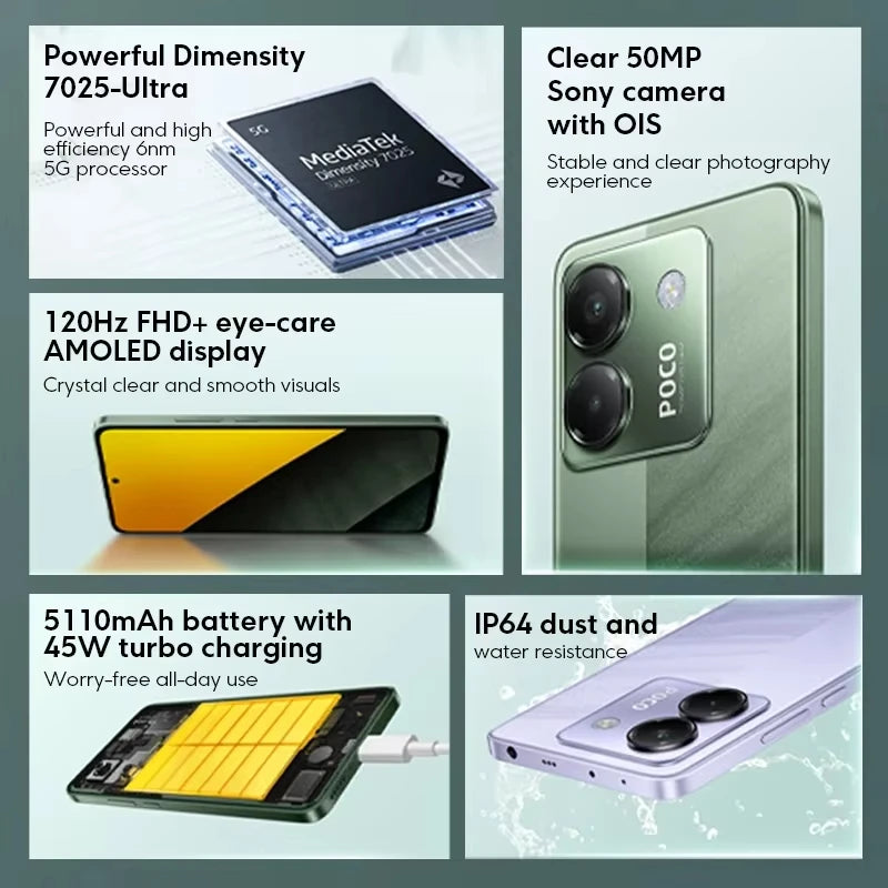 【Brand+】Newest POCO M7 Pro 5G Global Version Dimensity 7025-Ultra 120Hz FHD+ Eye-care AMOLED Display 5110mAh Battery NFC