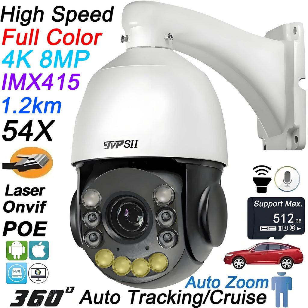 Rj45 Onvif Metal Laser Infrared Full Color Auto Tracking Cruise 54X 4K 8MP Audio High Speed Dome PTZ POE IP Surveillance Camera