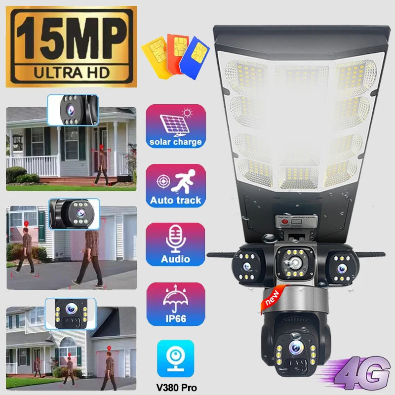4G Solar Camera V380 Pro 3 Lens LED Street Lamp CCTV AI Human Detection Surveillance Waterproof Outdoor Monitor Built-in Battery