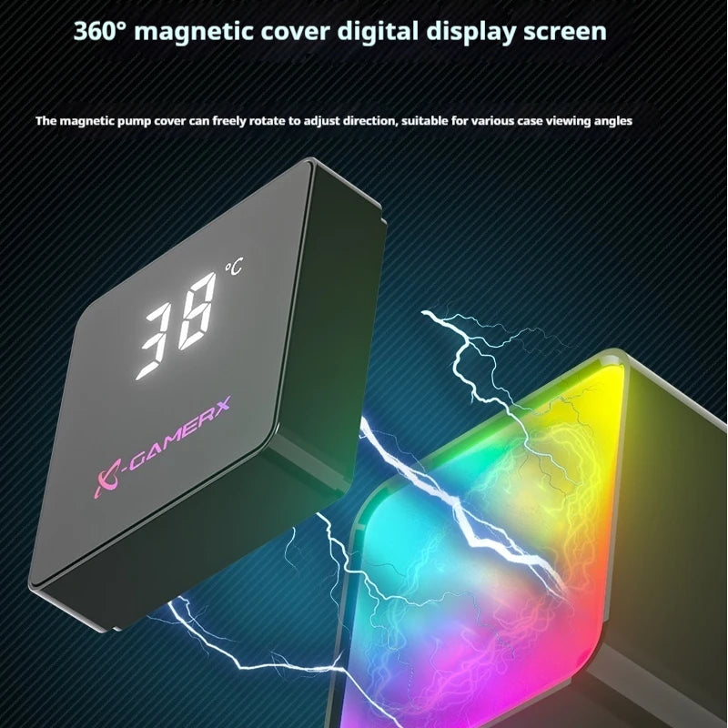 X-GAMERX PowerTrain M360 water cooler 360mm Global ARGB light effect 360° magnetic cover digital display screen aio cpu cooler