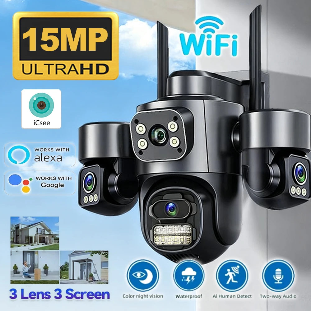 15MP HD Three Screen WIFI IP Camera Outdoor 4K Dual Lens Camera Ai Human Detection Waterproof CCTV Video Security Camera iCsee
