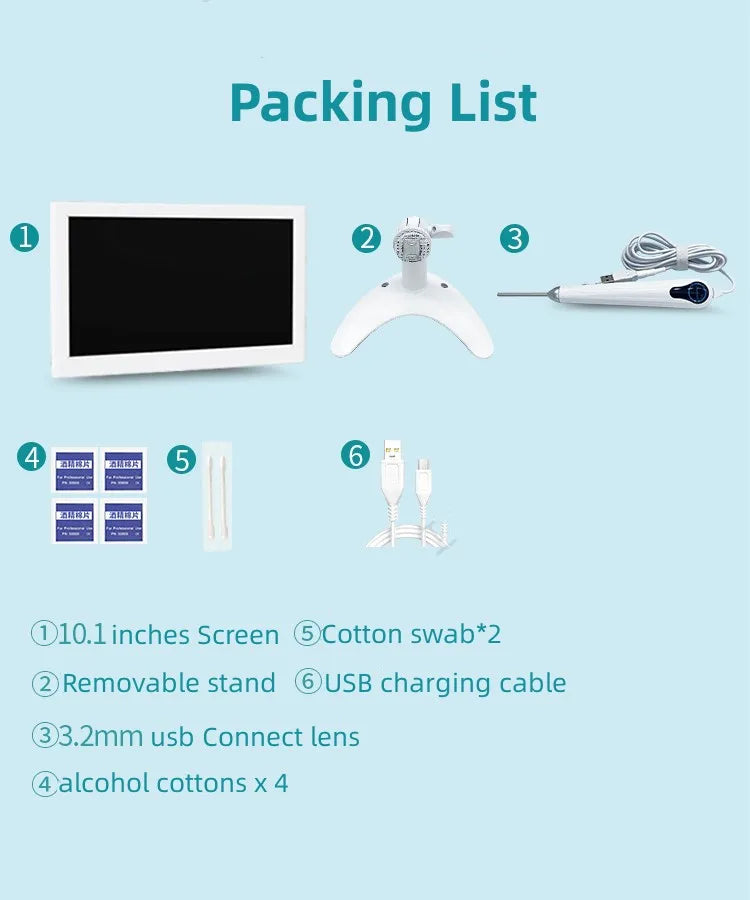 3.2mm Lens Digital Otoscope with 1080P HD 10.1 Inches Screen Ear Scope ENT Endoscope Ear Cleaner Tools 3500mAh Battery