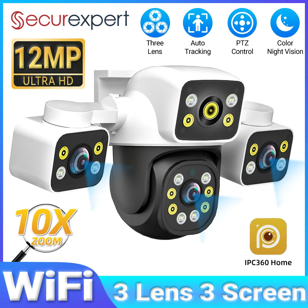 6K UHD Outdoor WiFi IP Camera 12MP Triple Lens With AI Human Detection 4K Auto Tracking For CCTV Security Monitoring IPC360 Home
