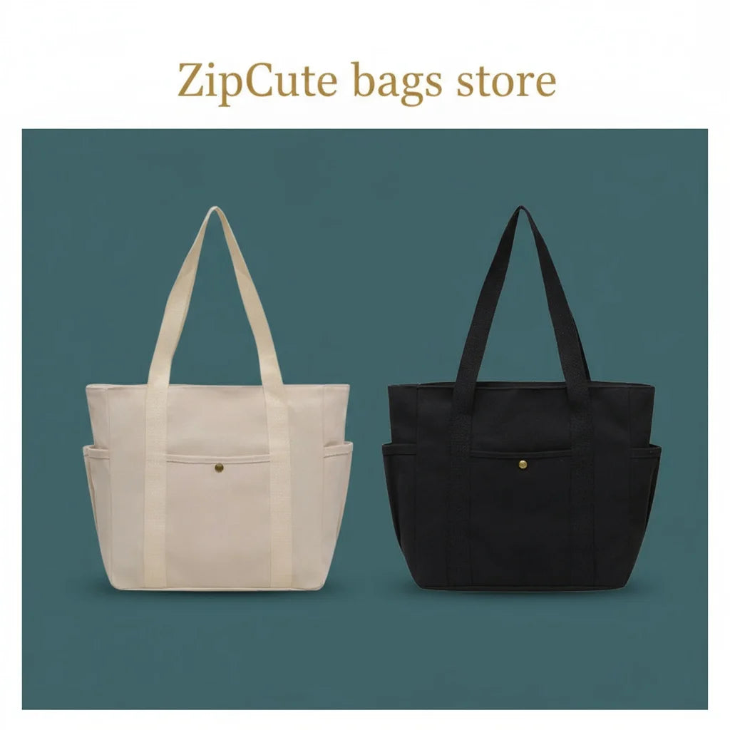 Canvas Women's Bag Large Capacity Multiple Outer Pocket Zipper Shoulder Bag Student Handbag Shopping