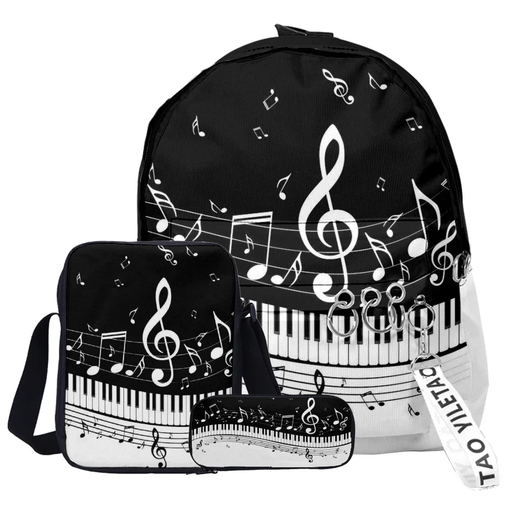 Piano Notes Black and White Pattern Large Capacity Student School Bags for Boys Girls Kids Bookbag Men Casual Shoulder Backpack