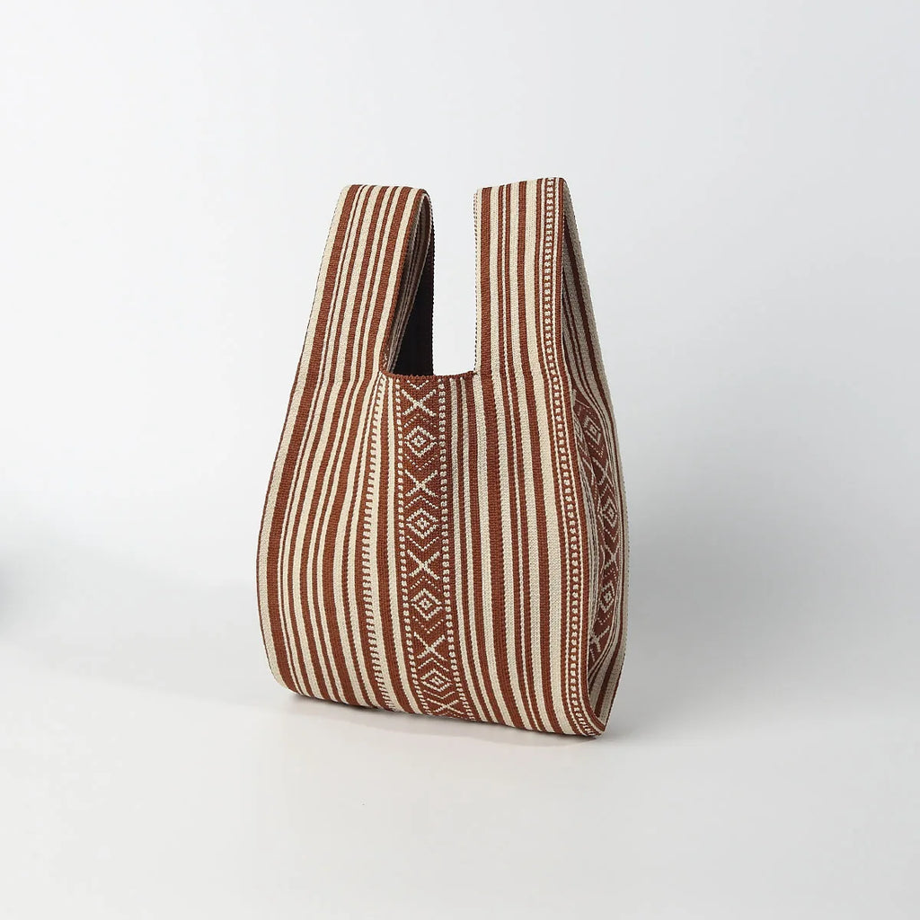 Line Arrangement Striped Knitted Handbag, Open-Top Women's Breathable Lightweight Foldable Crochet, Carry-On for Mobile Phone, Cosmetics, Lipstick, Perfume, Suitable for Daily Vacation, School, Commuting, Shopping, Photograph