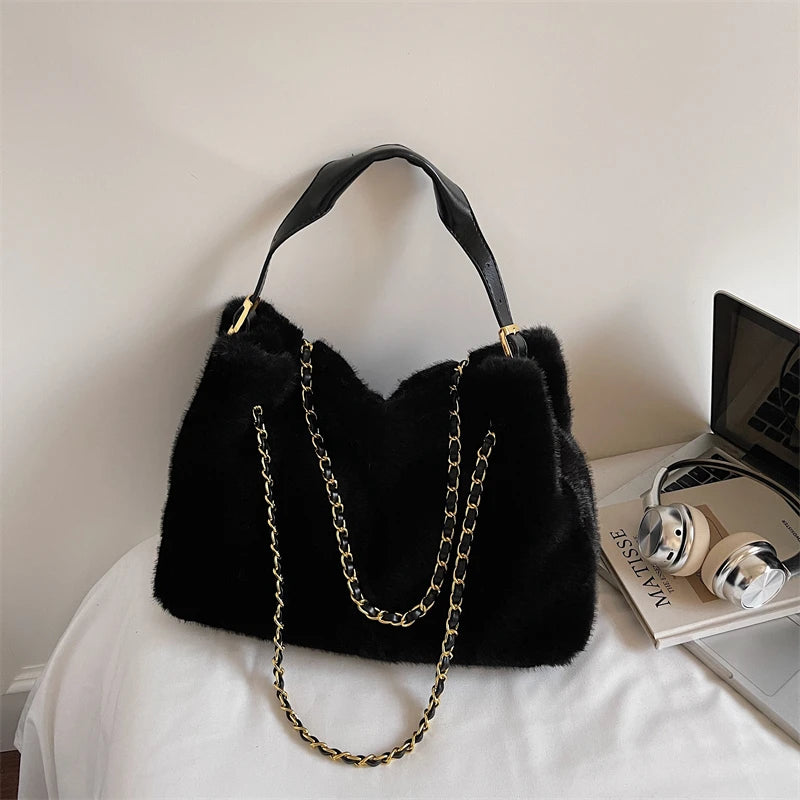 Retro Plush Bag for Women | Large Capacity Tote & Shoulder Handbag | Autumn & Winter Fashion, Versatile for Daily Commuting