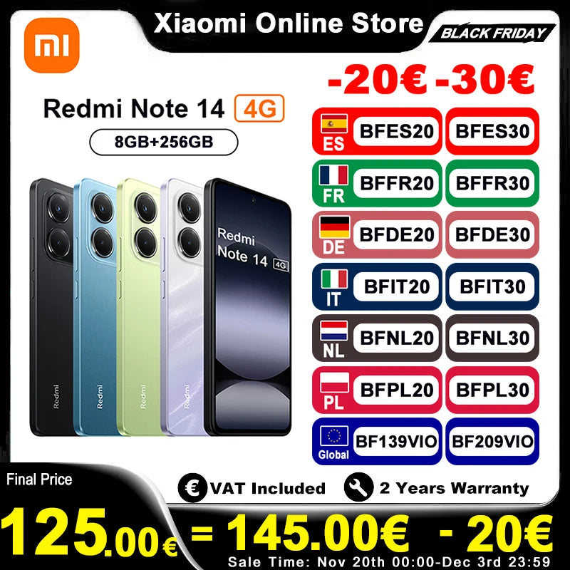 UK Version Xiaomi Redmi Note 14 4G Smartphone Helio G99-Ultra 6.67'' AMOLED Display 120Hz108MP AI Camera 5500mAh Battery NFC