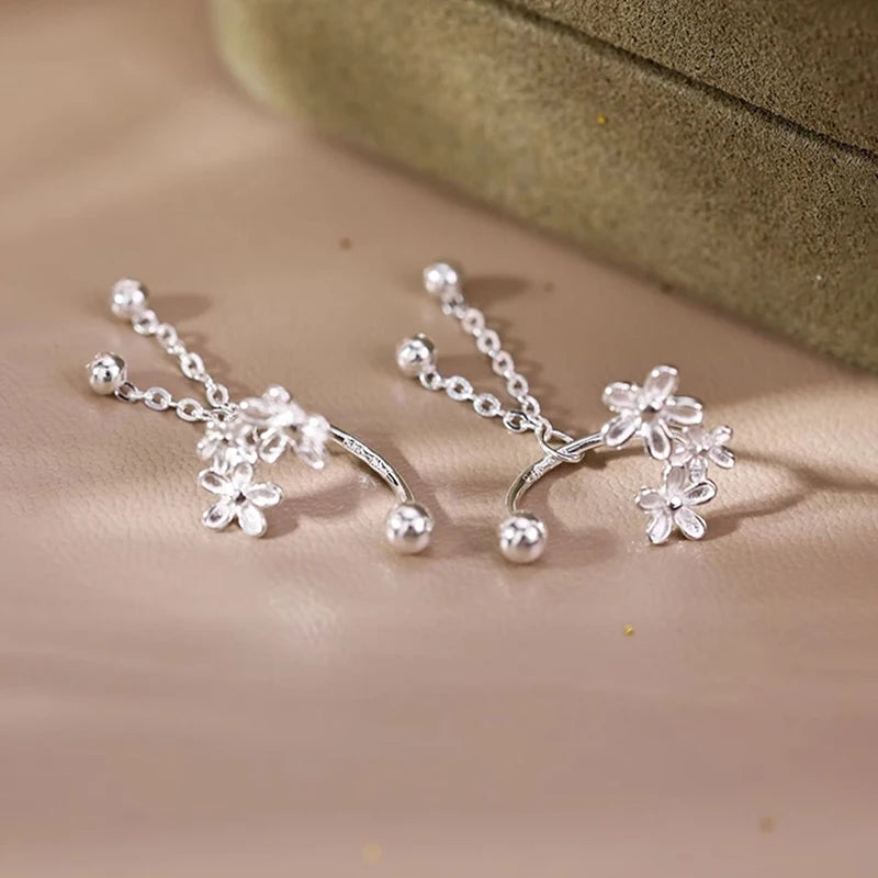 Real 925 Sterling Silver Flower Bead Screw Chain Tassel Plant Stud Earrings For Women Cute Fine Jewelry Light Luxury Accessories