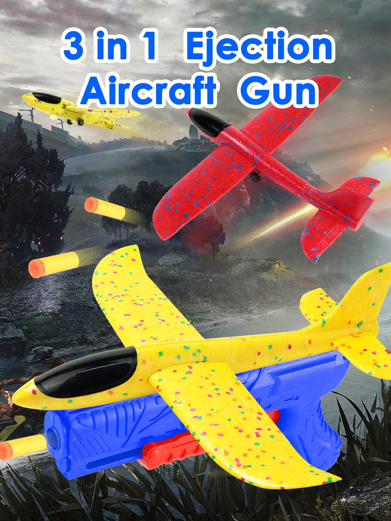 Children's outdoor three in one foam soft elastic toy gun, hand thrown ejection aircraft suit, foam aircraft color random