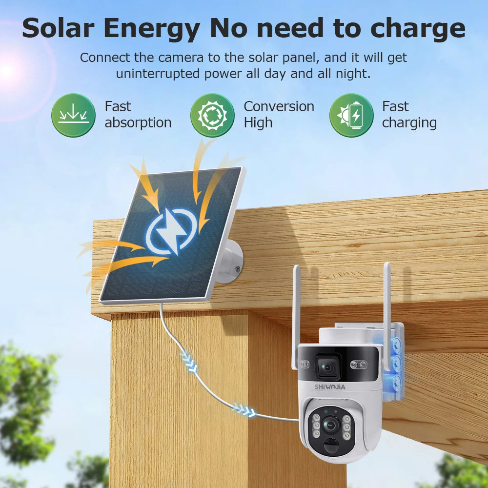 SHIWOJIA 8MP AOV Solar Battery Camera 4G SIM 7/24 Hours Recording Wireless WIFI Security PTZ Camera Dual Lens PIR Night Vision
