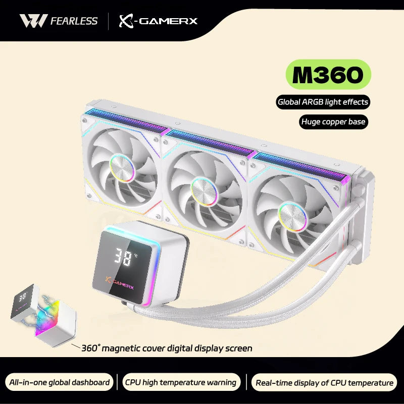 X-GAMERX PowerTrain M360 water cooler 360mm Global ARGB light effect 360° magnetic cover digital display screen aio cpu cooler