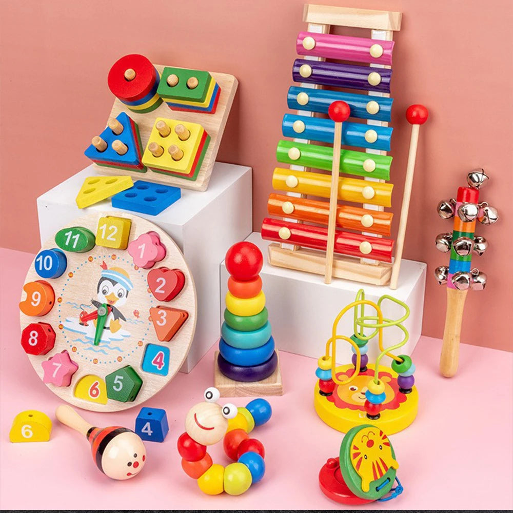 Montessori Baby Toys 9 in 1 Wooden Musical Set: Xylophone Rattle Drum Bell 3D Puzzles Sensory Learning Gifts for 0-12 Months 1-3