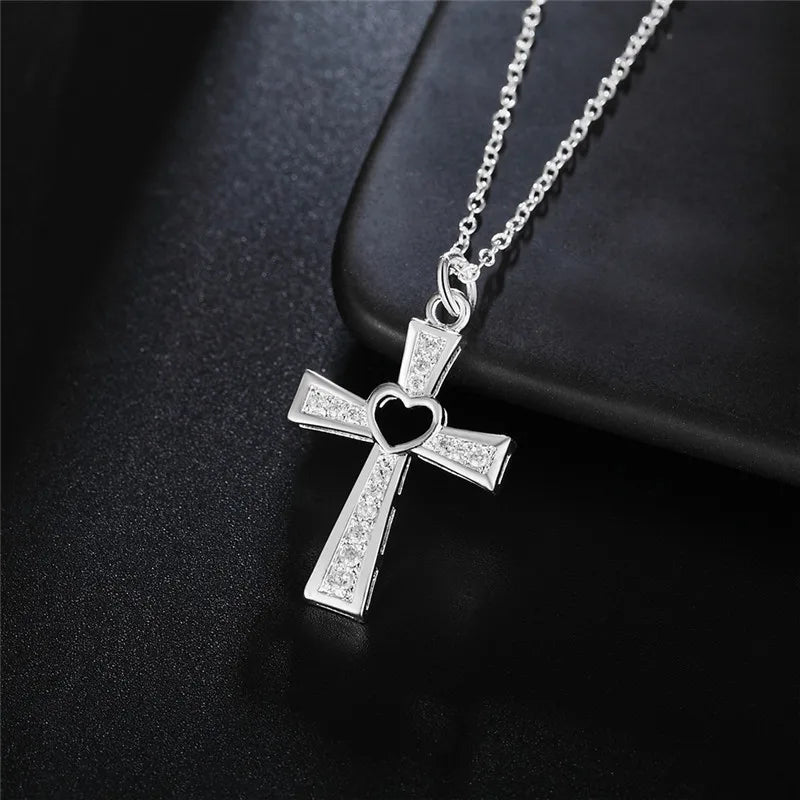 925 Sterling Silver Crystal Cross Pendant Necklace for Women, Charms, Classic, High Quality, Wedding Party Jewelry, Holiday Gift