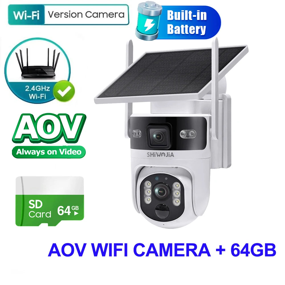 SHIWOJIA 8MP AOV Solar Battery Camera 4G SIM 7/24 Hours Recording Wireless WIFI Security PTZ Camera Dual Lens PIR Night Vision