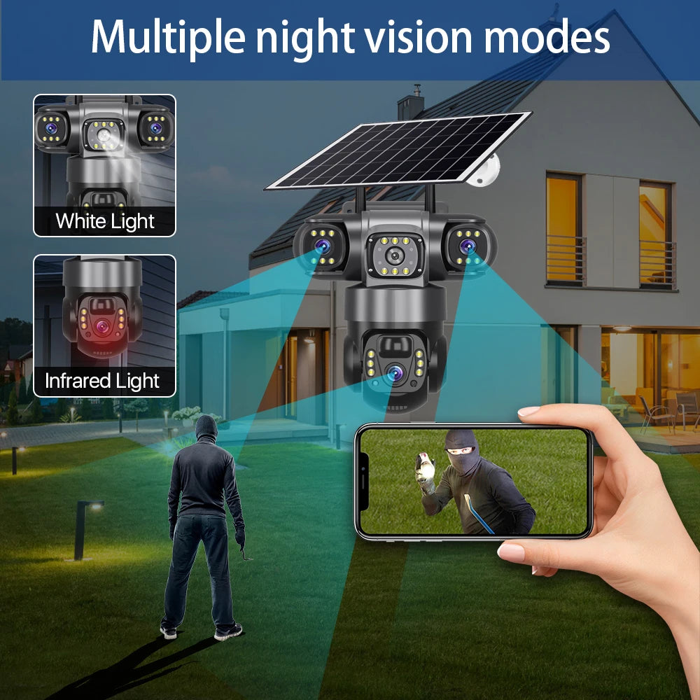 Solar Camera With 4G SIM 15MP HD Outdoor 3 Lens 3 Screen 10X Zoom PIR Human Detect Cameras Night Vision CCTV Security Protection