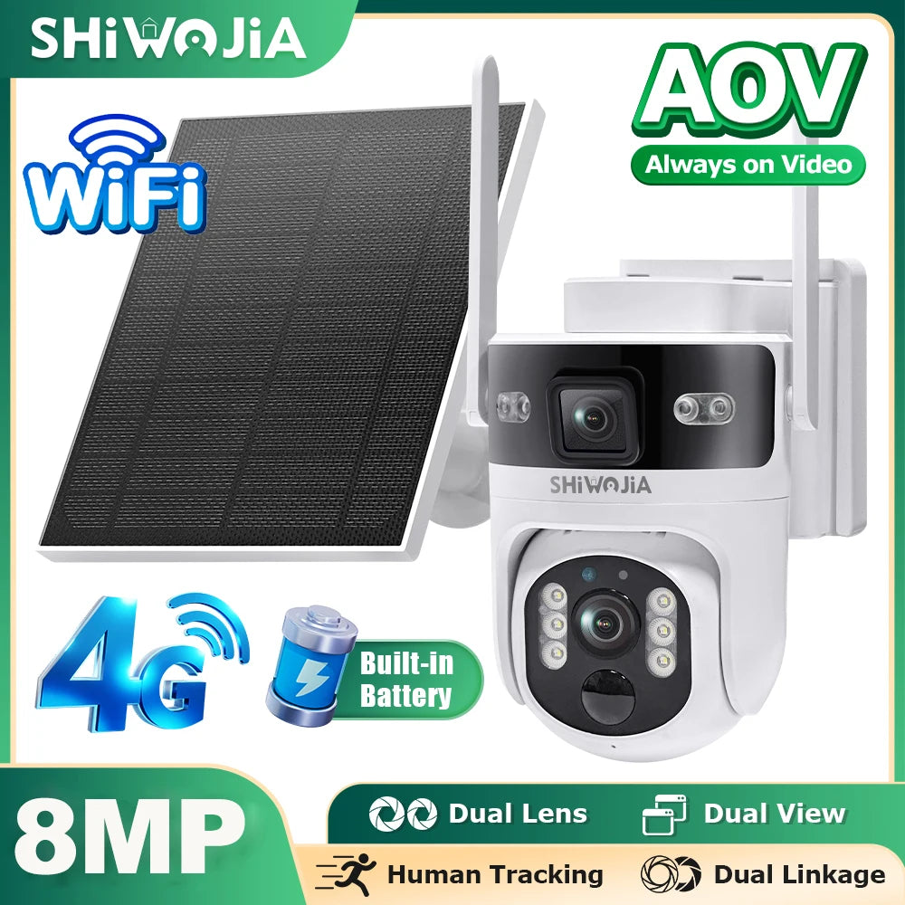 SHIWOJIA 8MP AOV Solar Battery Camera 4G SIM 7/24 Hours Recording Wireless WIFI Security PTZ Camera Dual Lens PIR Night Vision