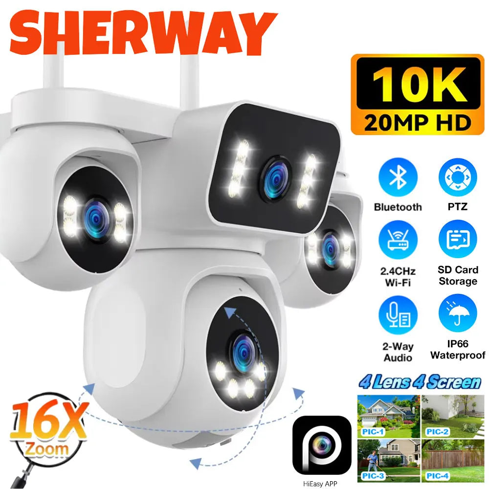 10K 20MP WiFi Security Camera Outdoor 16X Zoom 4 Lens 4 Screen 360° PTZ Camera IR Color Night Vision CCTV Wireless Surveillance