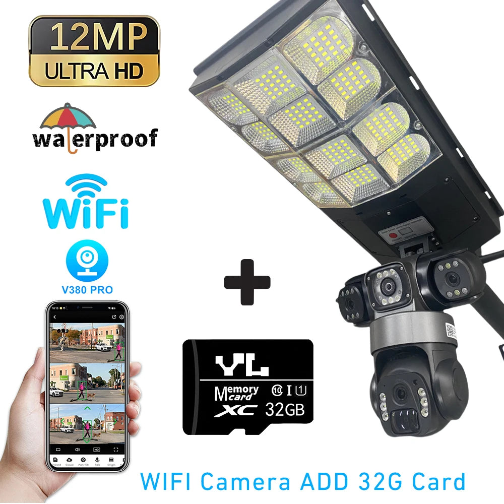 V380PRO Solar Streetlight Three Lens 4G Camera Built in Battery Automatic Lighting Outdoor Low Powered Monitor Light PTZ Camera
