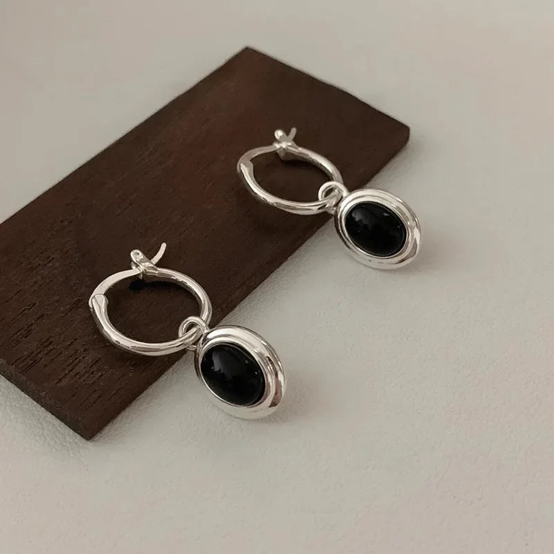 PONYKISS 925 Sterling Silver Black Elliptical Zircon Hoop Earrings for Women Light Luxury Fine Jewelry Minimalist Accessories