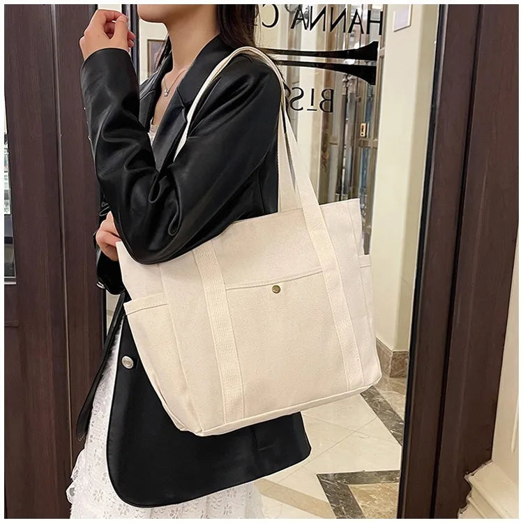 Canvas Women's Bag Large Capacity Multiple Outer Pocket Zipper Shoulder Bag Student Handbag Shopping