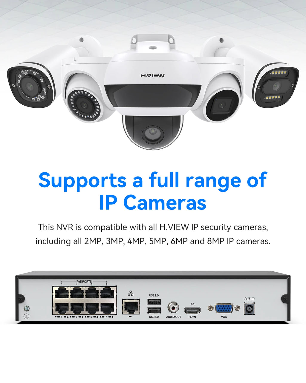 H.View 4K 8Ch Poe Nvr Cctv Security System H.265 Video Audio Recorder 8Mp Network Surveillance For Poe Ip Camera Onvif