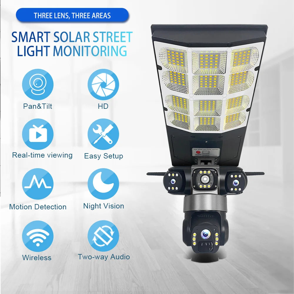 V380PRO Solar Streetlight Three Lens 4G Camera Built in Battery Automatic Lighting Outdoor Low Powered Monitor Light PTZ Camera