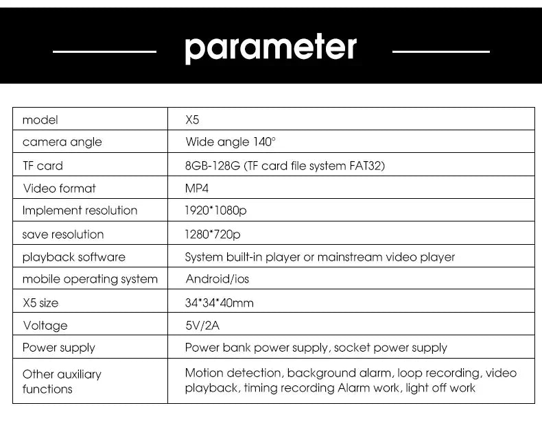 X5 Mini Camera HD1080P Compact Wireless WIFI Camera with Recording Function Suitable for Outdoor Camping at Home