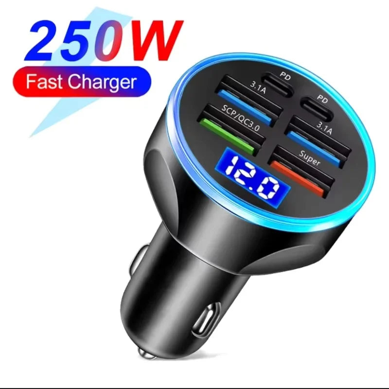100W 6 Ports Car Charger Fast Charging PD QC3.0 USB C Car Phone Charger Type C Adapter in Car For iPhone Samsung Huawei Xiaomi