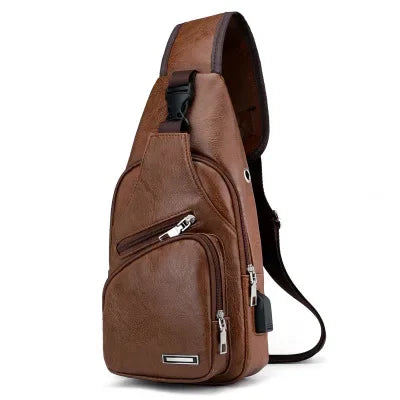 In stock men's chest bag with headphone jack USB shoulder strap