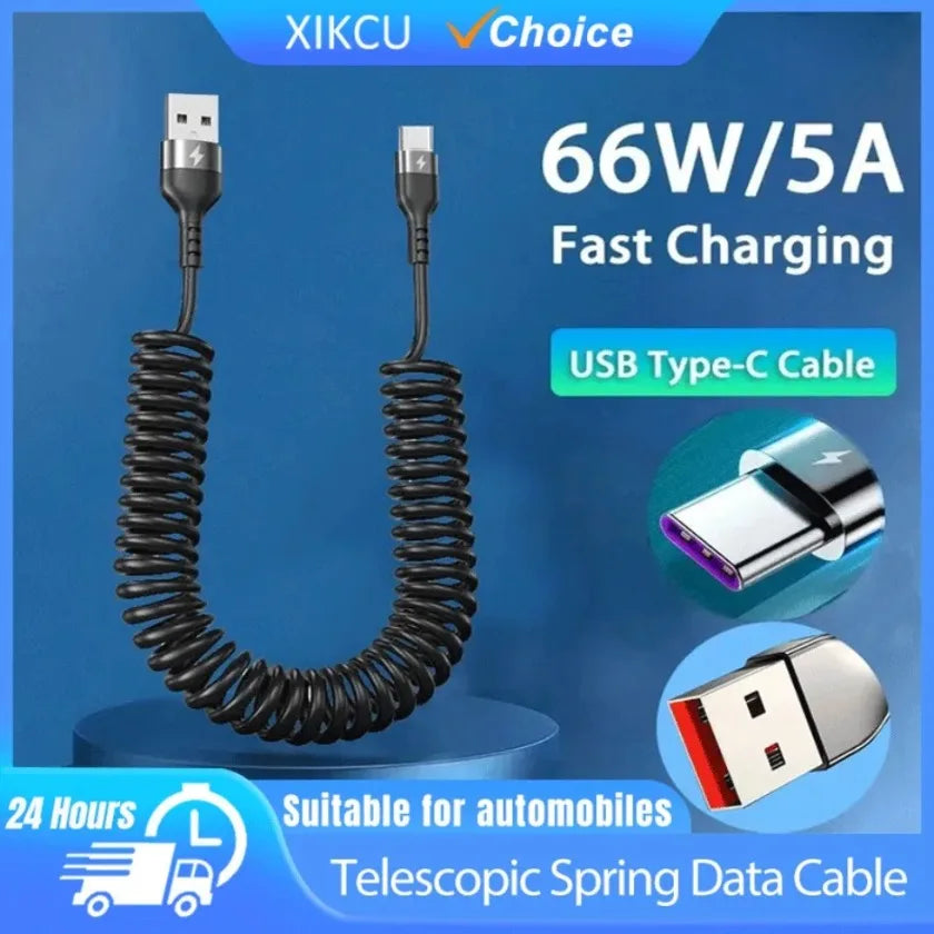 66W Car 5A Fast Charging USB Type C Spring Telescopic Cable For iPhone 16 15 14 13 Samsung Huawei Xiaomi Redmi OnePlus 1m Charge