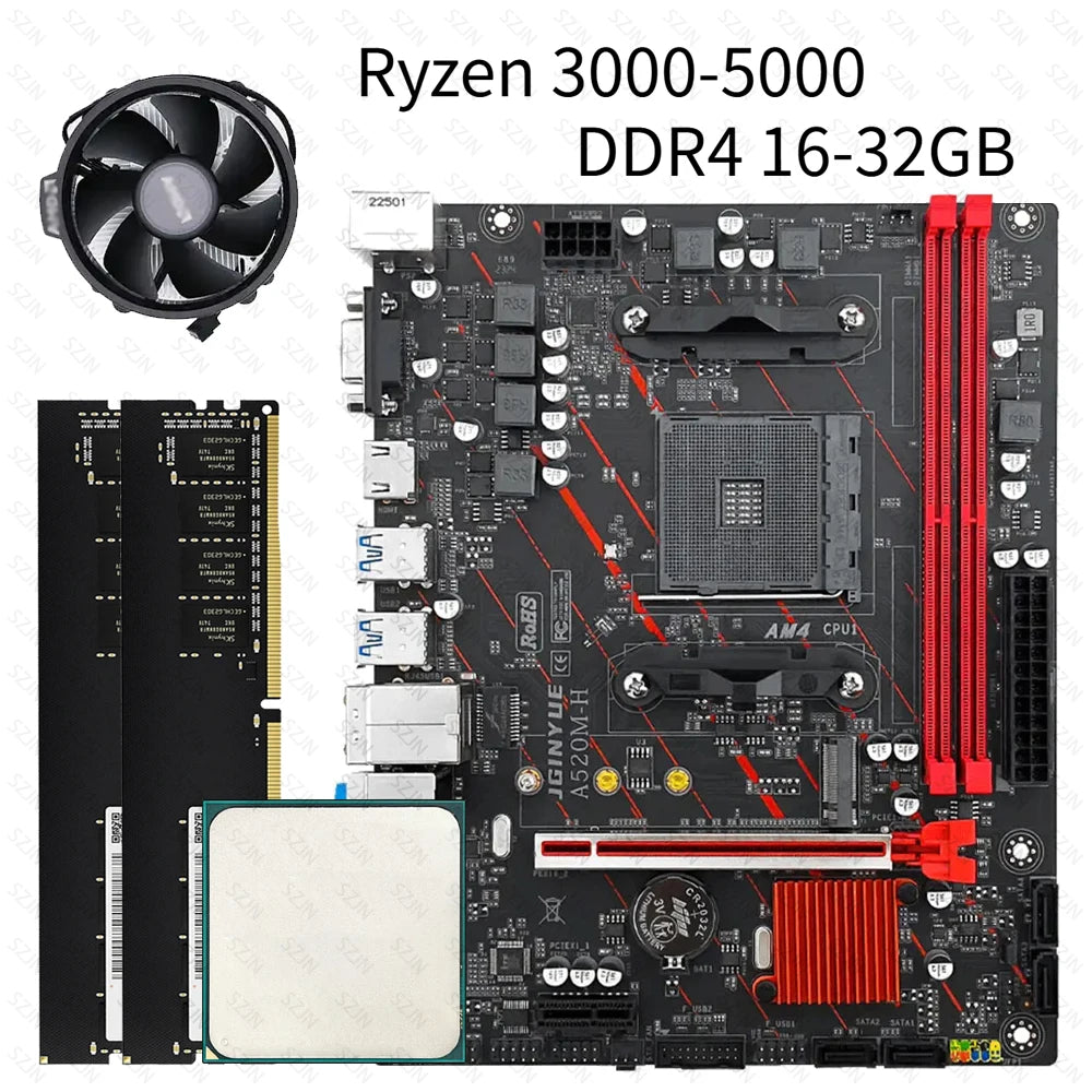 JGINYUE A520M Motherboard CPU Set AM4 Ryzen Kit with Processor Dual Channel DDR4 3200MHz Cooler Support M.2 NVME 4*SATA3.0 WIN11