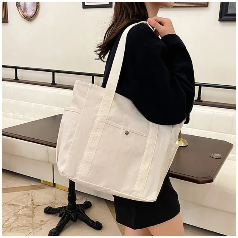 Canvas Women's Bag Large Capacity Multiple Outer Pocket Zipper Shoulder Bag Student Handbag Shopping