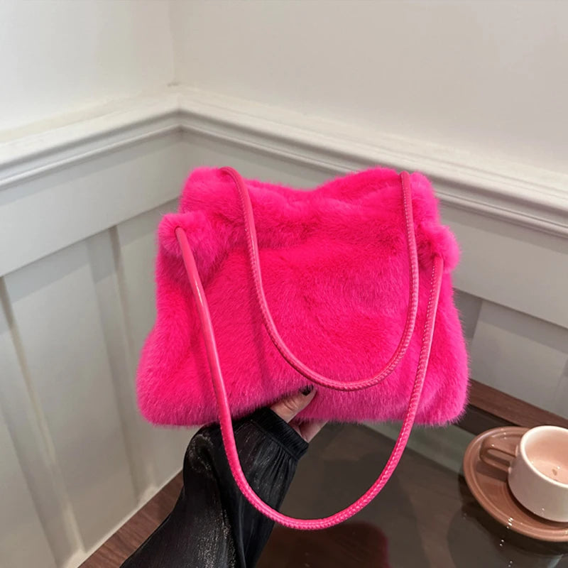 Plush Large-capacity Bag Women's Autumn and Winter New Simple Shoulder Underarm Bag Fashionable Fluff Bucket Handbag