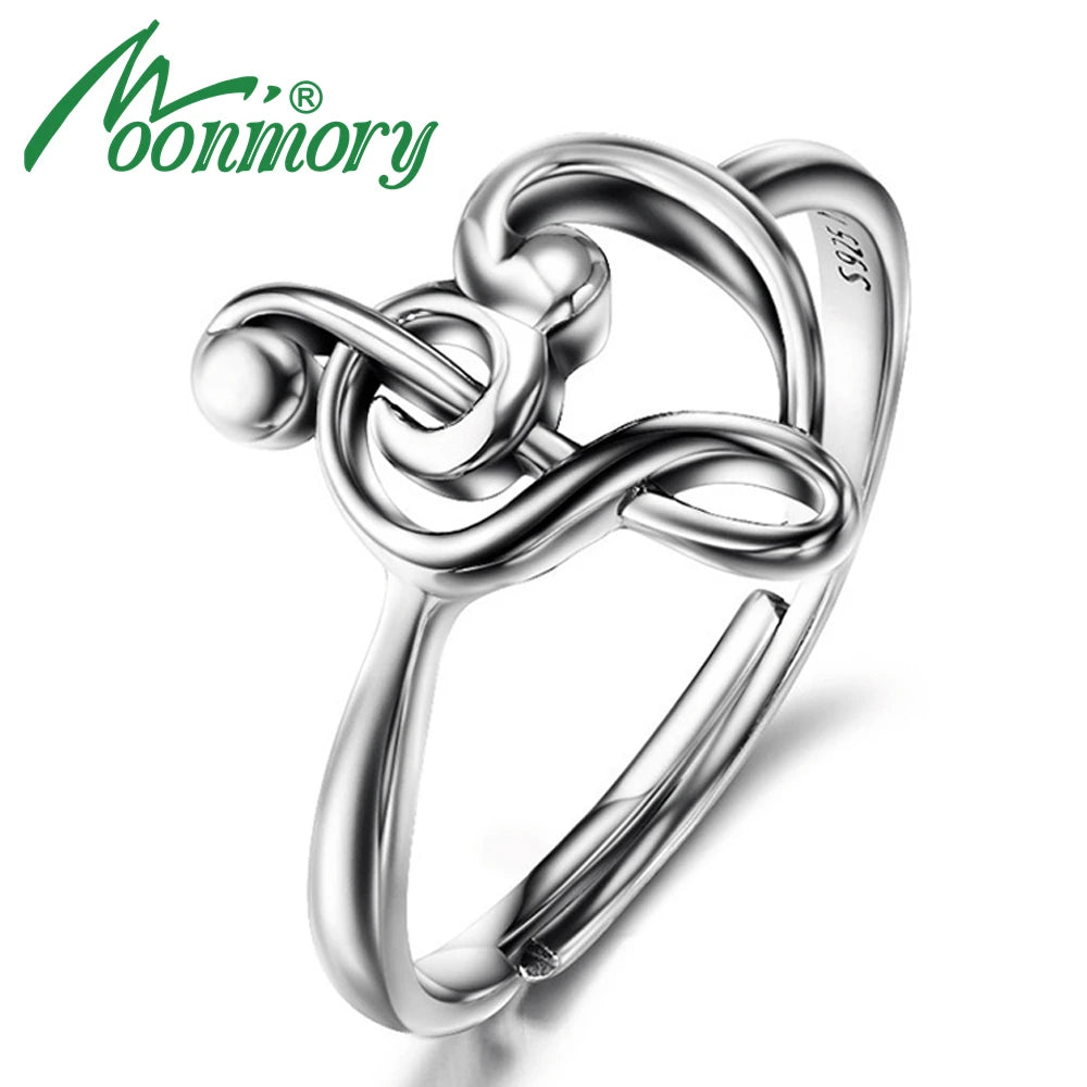 Moonmory 925 Sterling Silver Music Note Heart Adjustable Rings Treble Clef Jewelry Heart Charm Music Ring Gift For Women Female