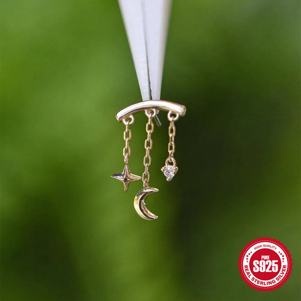 ROXI 925 Sterling Silver Star Moon Tassel Piercing Earrings for Women Classic Mini Shiny Earrings Threadless Push In Hidden Stud